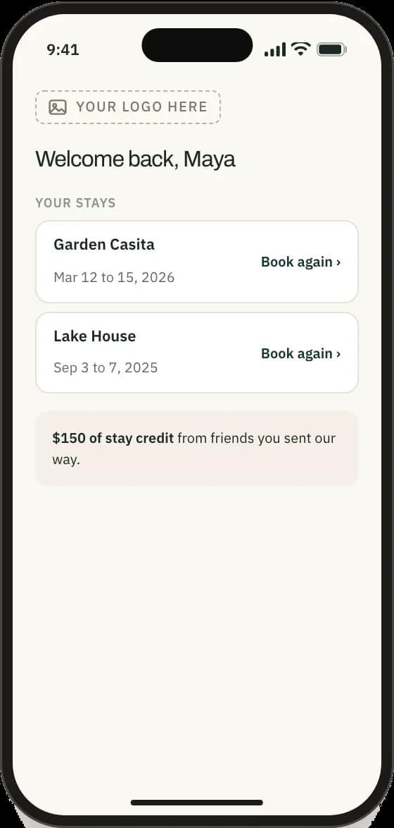 The guest app on a phone: a welcome by name and the guest’s stays, under the property’s own logo.