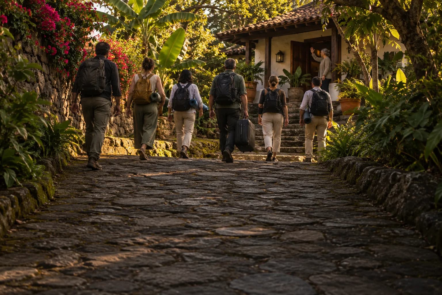 A retreat group arriving up a garden path with their bags, seen from behind, the owner waiting at the door.