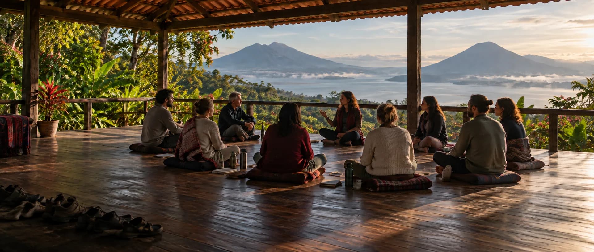 A retreat group sitting in a morning circle on a deck above the lake, seen from behind.