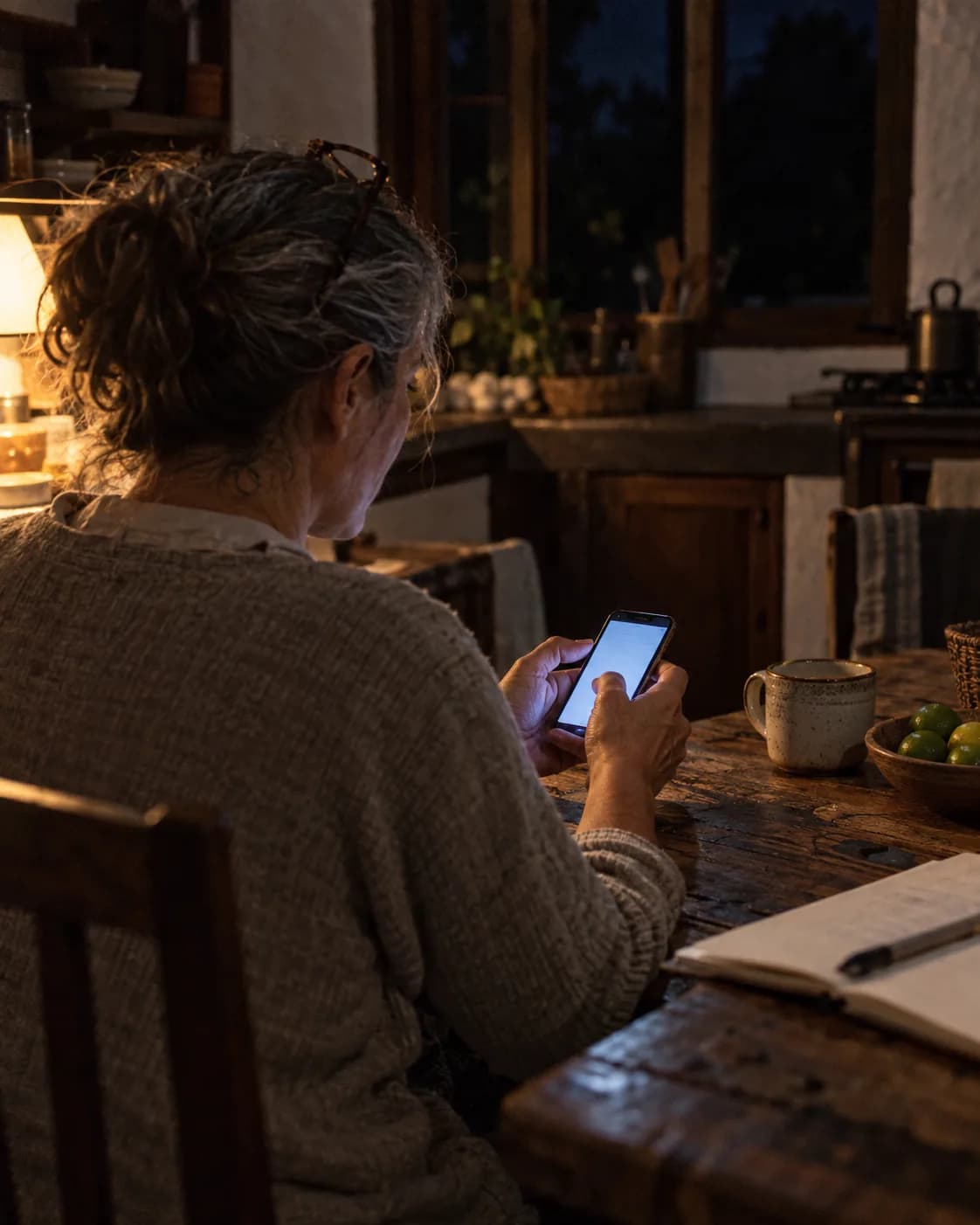 A lodge owner at her kitchen table late at night, answering a message on her phone by the light of one lamp.