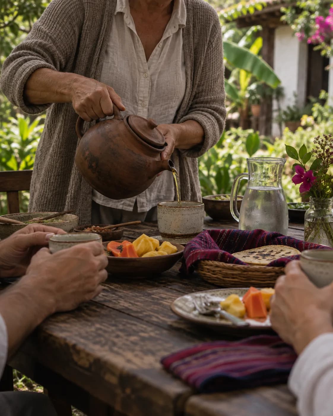 An owner pouring tea for guests at a long wooden table in the garden.