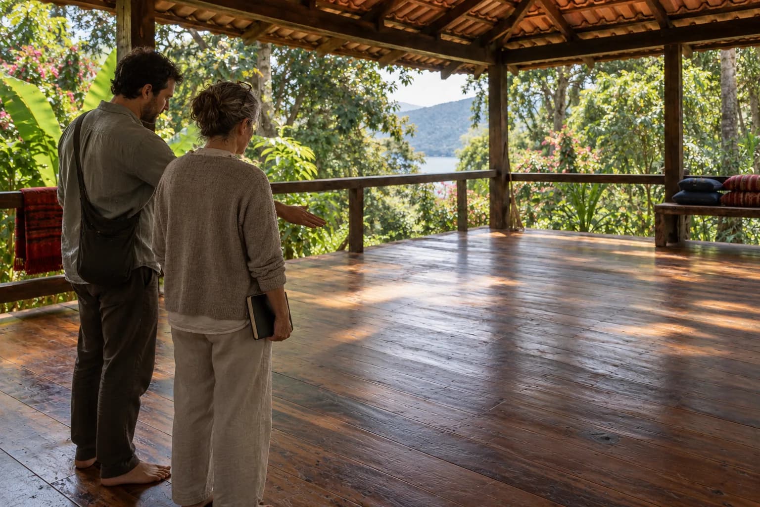 A retreat leader walking the grounds with the owner, looking over the practice deck.