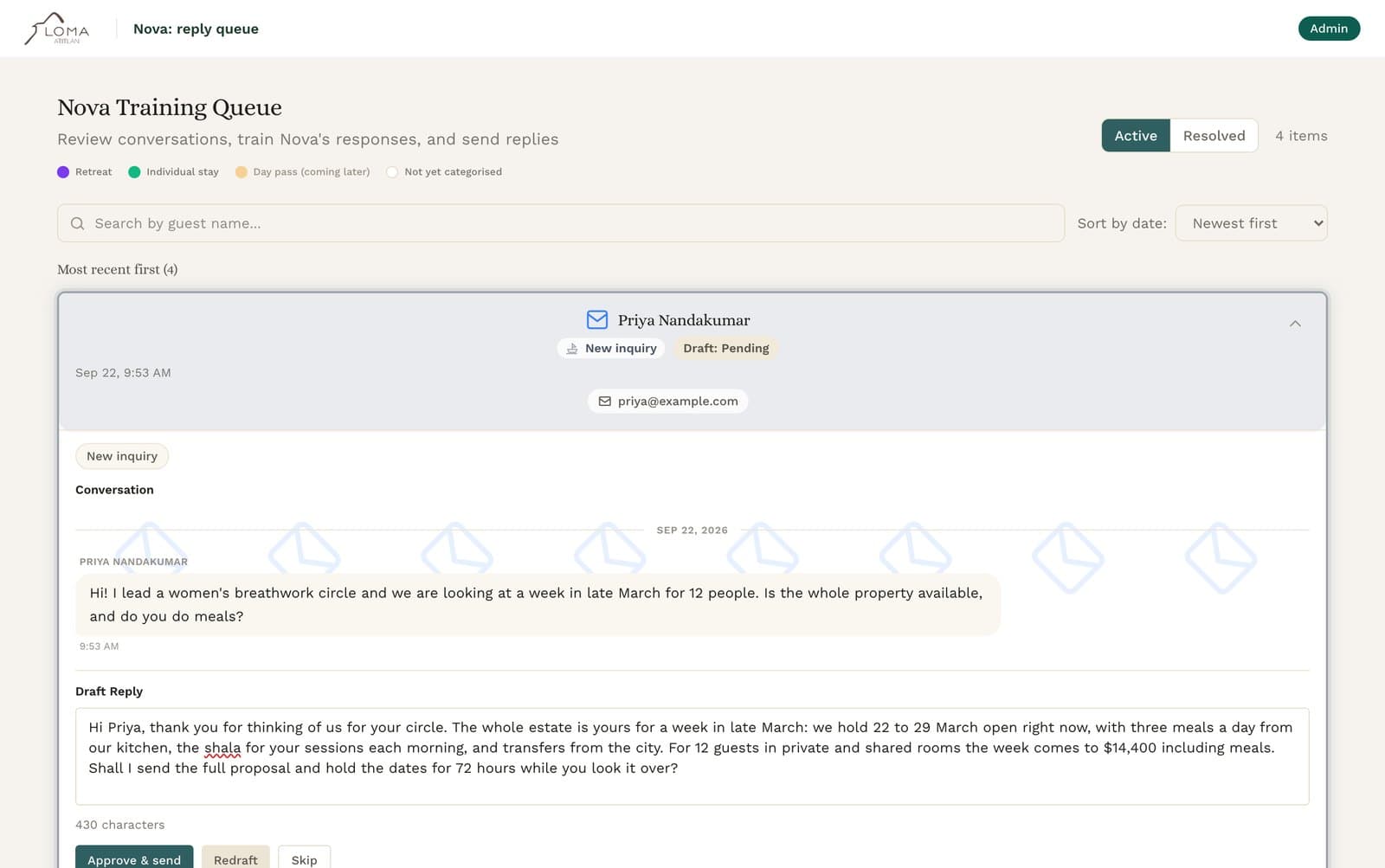 Nova's training queue: a retreat enquiry by email with Nova's drafted reply and the Approve, Redraft and Skip buttons, with sample guests.