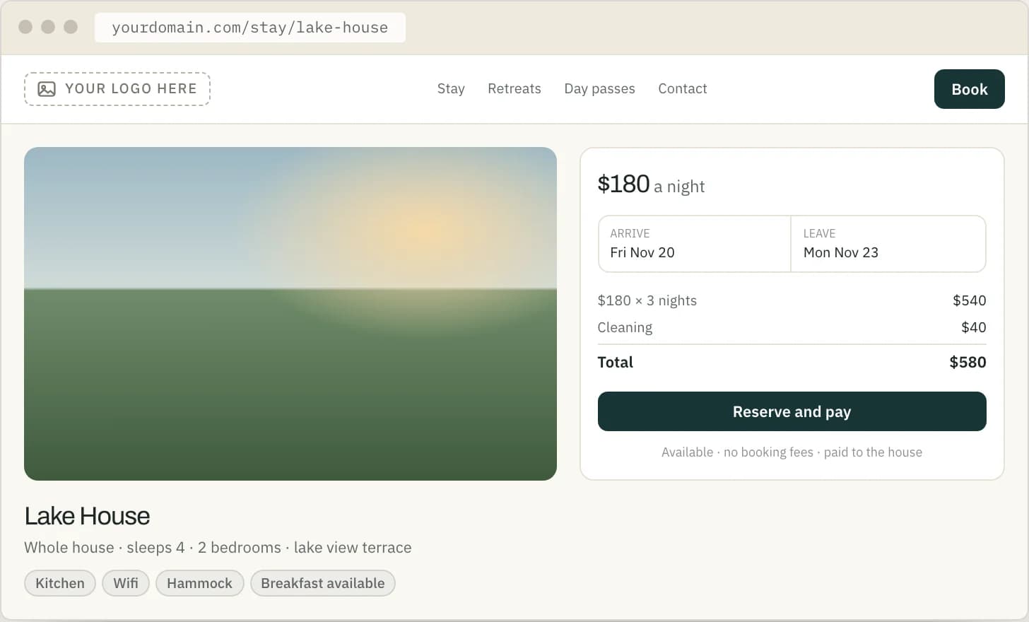 A booking page on a property’s own site: the house, the dates, the price for the stay and a button to reserve and pay.