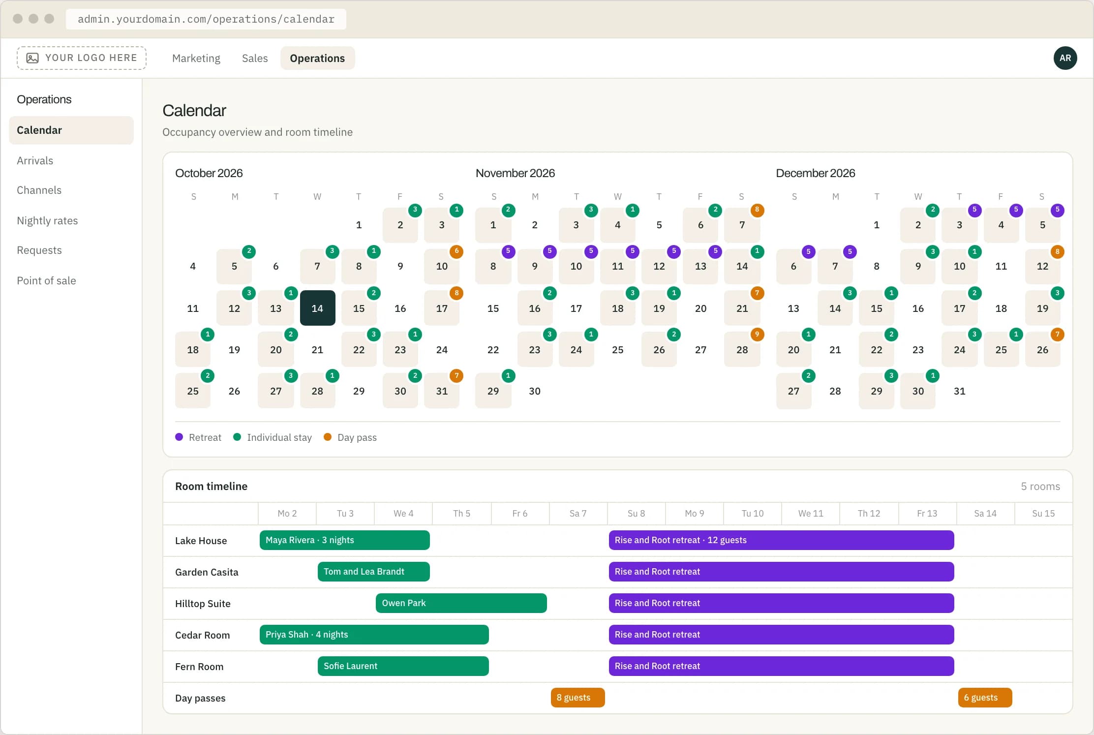 One calendar for the whole property, with the stays from each booking site marked in its own colour.