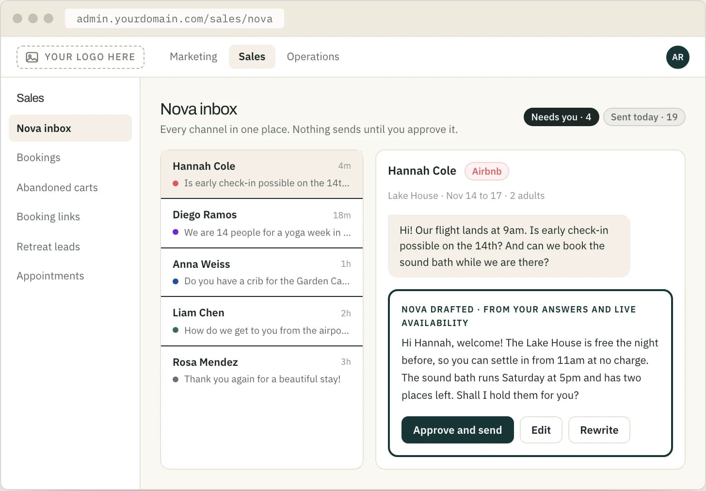 The Nova inbox: a guest message on the left, and a drafted reply waiting for a person to approve it.